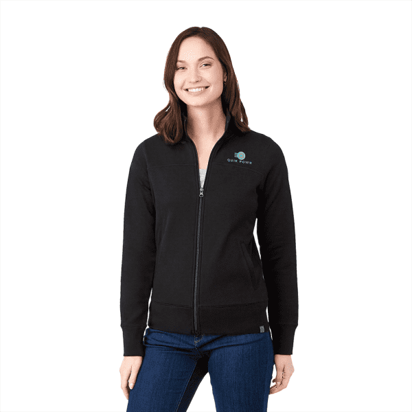 A black women's polar fleece jacket featuring a full zip and a logo on the left chest.