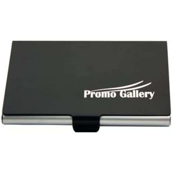 A sleek black aluminium card holder featuring a silver hinge and a branded logo.