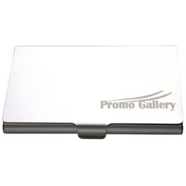 A sleek black aluminium card holder with a silver logo and a smooth, minimal design.