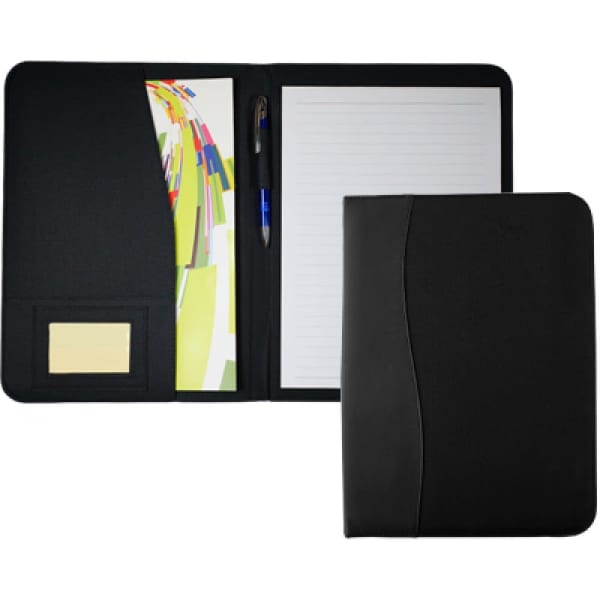 A4 compendium in black featuring a pen, notepad, and document pocket with a colourful insert.