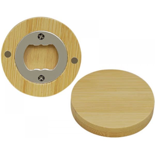 A drink bottle opener featuring a bamboo design, with a stainless steel bottle opener and a smooth bamboo base.