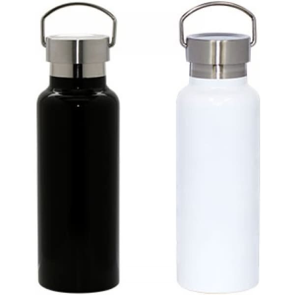 A drink bottle set featuring a black and a white 550ml vacuum insulated bottle with stainless steel caps and handles.
