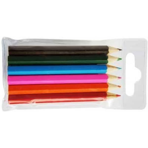 A pack of six colouring pencils in black, green, blue, pink, orange, and red, inside a clear plastic wrapper.