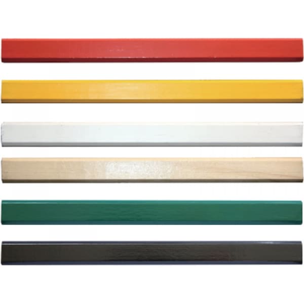A set of carpenter pencils in red, yellow, green, black, white, and natural wood finishes, arranged in a row.