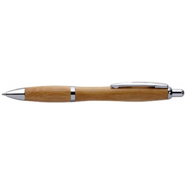 A bamboo pen with a sleek silver clip and tip, featuring a smooth wooden finish.
