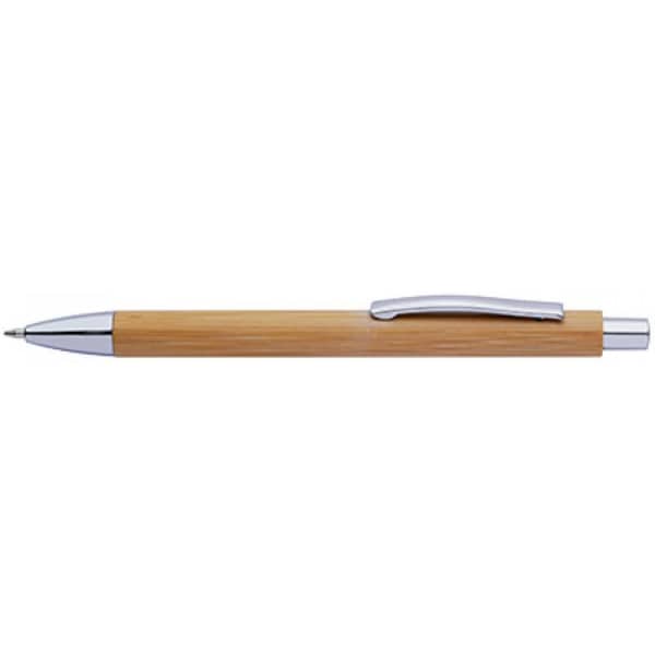 A bamboo pen with a silver clip and tip, featuring a simple and elegant design.