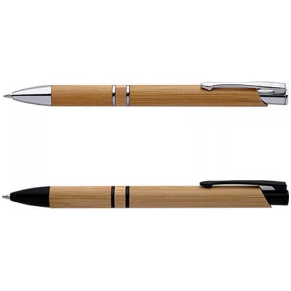 Two bamboo pens are displayed, one with a chrome clip and accents, and the other with a black clip and accents.