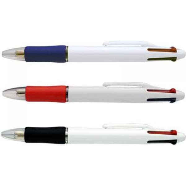 Three white pens with blue, red, and black ink options, featuring a logo on each pen.