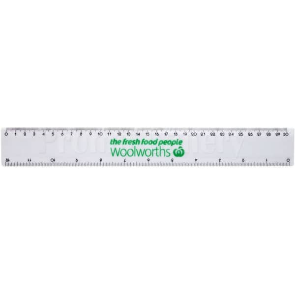 A clear plastic 30 cm ruler featuring markings and a logo.