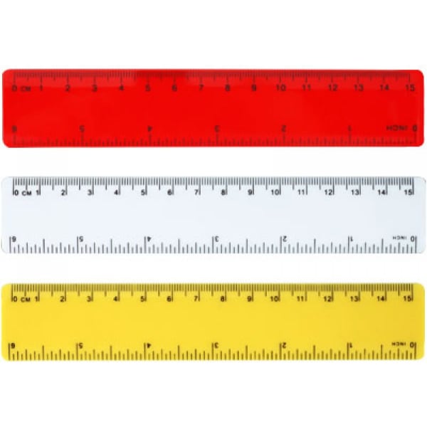 A set of three rulers in red, white, and yellow, each marked with centimetre and inch measurements.