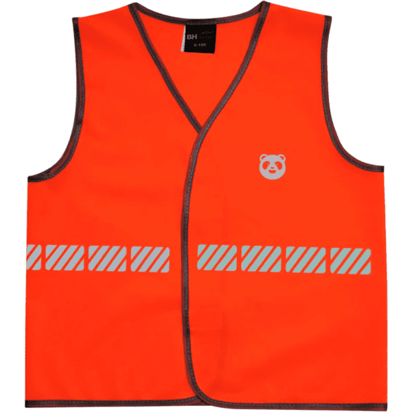 An orange reflective safety vest featuring a logo and striped reflective detailing.