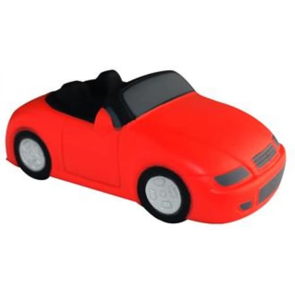 A stress relief toy shaped like a red convertible car, featuring black seats and white wheels.