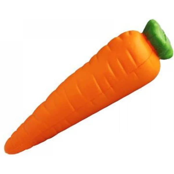 A carrot-shaped promotional product in vibrant orange with a green top, featuring a logo.