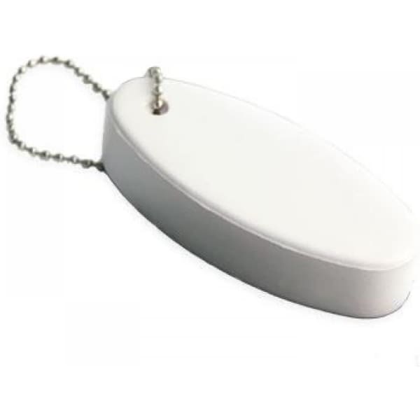 A white floating keyring with a smooth, oval shape attached to a silver chain.
