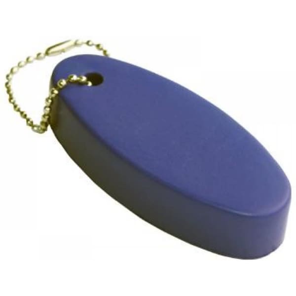 A blue floating keyring with an oval shape attached to a metal chain. It features a small hole for attachment.