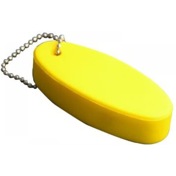 A yellow floating keyring with a chain for attachment. The keyring has a smooth, oval shape.