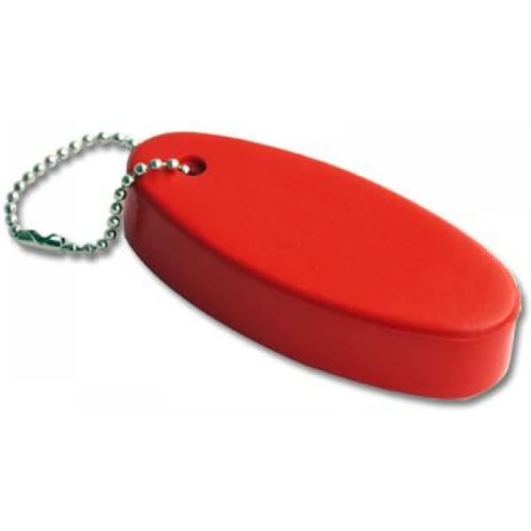 A red floating keyring with an oval shape and a metal chain attachment. It features a branding logo.