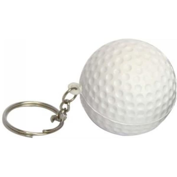 A white golf ball keyring featuring a textured surface and a metal keychain attachment.