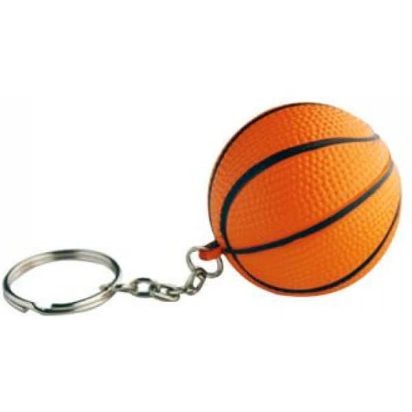 An orange basketball keyring with black detailing attached to a silver keychain.