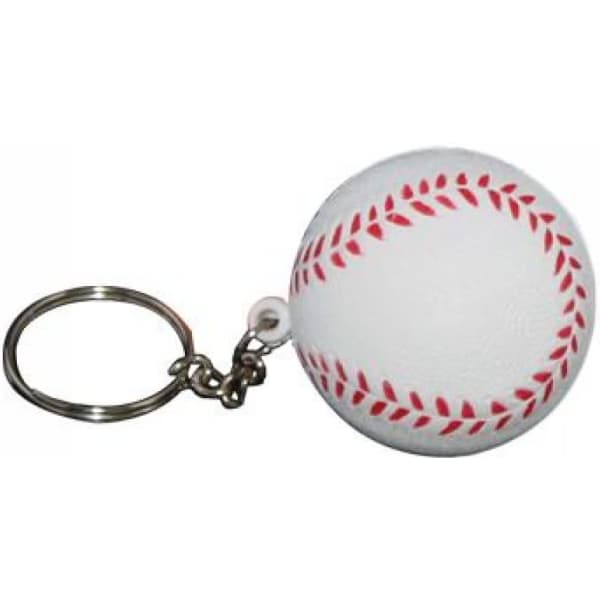 A white baseball keyring with red stitching attached to a metal keychain.