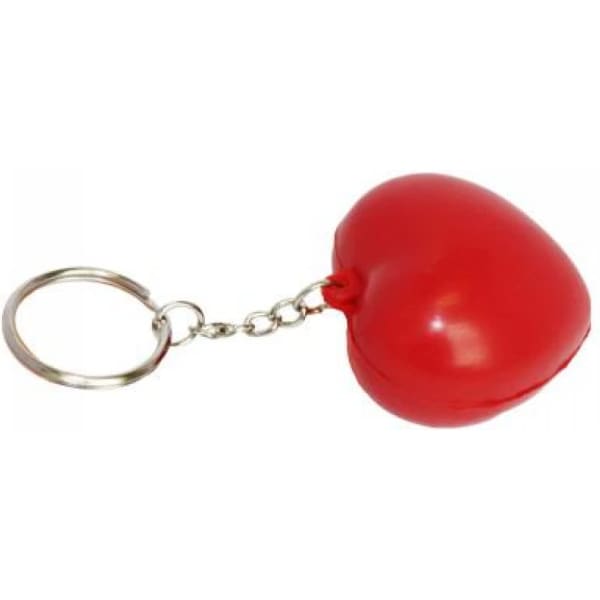 A red heart-shaped keyring attached to a metal chain. It features a simple design and has a glossy finish.