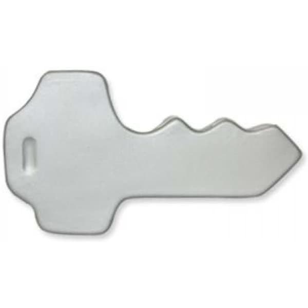 A silver key-shaped anti-stress product with a smooth surface and rounded edges, featuring a logo.