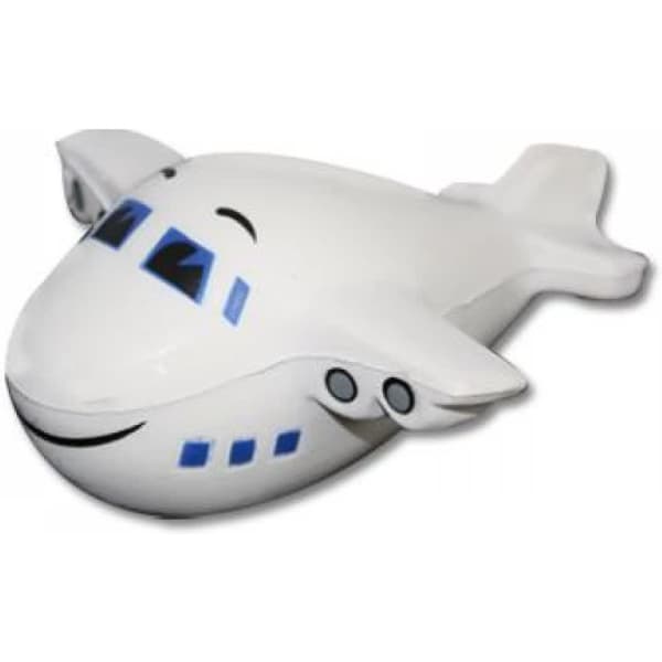 A drink bottle shaped like a white aeroplane with blue detailing and a smiling face, featuring a logo.