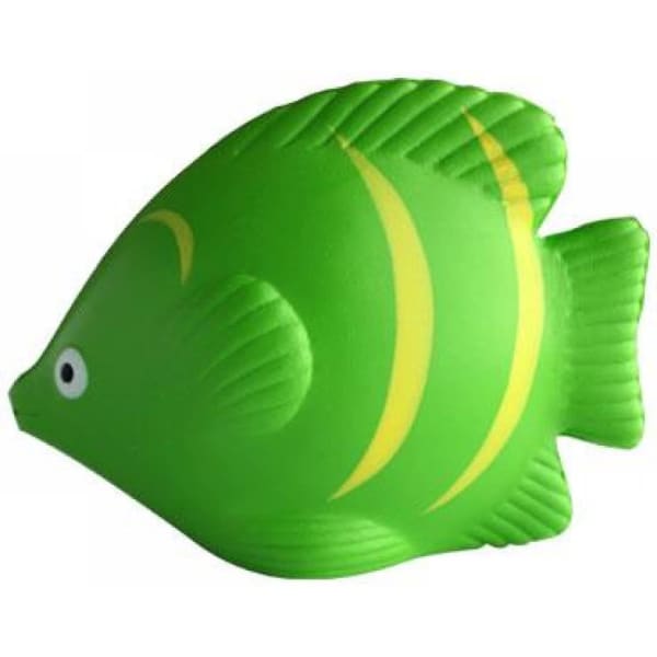 A green fish-shaped promotional product with yellow stripes and a simplistic design. It features a logo.