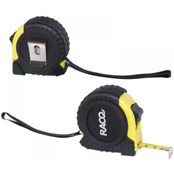 A yellow and black 5M tape measure with a rubber grip and a branding logo on the side.