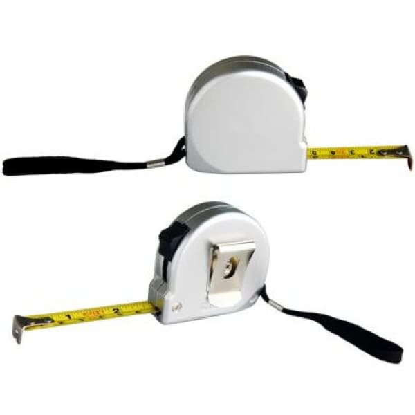 A tape measure in silver, featuring a black strap and a retractable yellow measuring tape. It has a logo on the side.