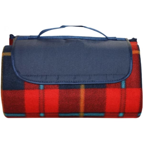 A rolled-up red and navy plaid picnic blanket with a carrying handle. It features a solid-coloured flap.