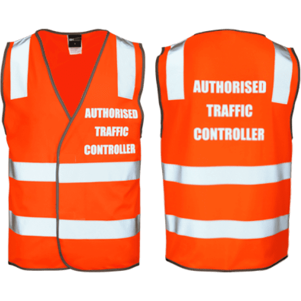 An orange safety vest with reflective stripes and a logo, featuring text for an authorised traffic controller.