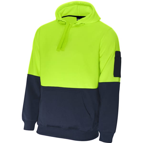 A hi-vis fleece hoodie in bright yellow with a navy blue lower section and a sleeve pocket. Features a hood and drawstring.