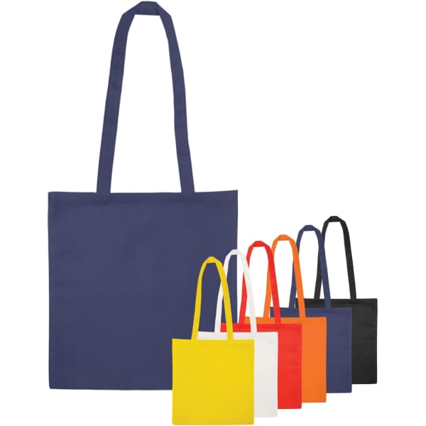 A collection of non-woven bags in navy, white, yellow, orange, red, black, and other colours, featuring long handles.
