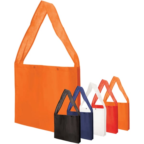 A selection of non-woven sling bags in orange, black, blue, white, and red, featuring press studs and gussets.