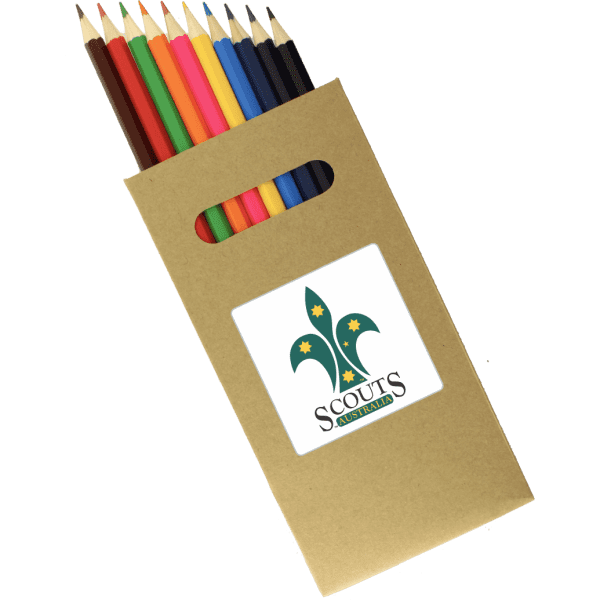 A set of 10 natural wood full-size colouring pencils in various colours, packaged in a cardboard holder with a logo.