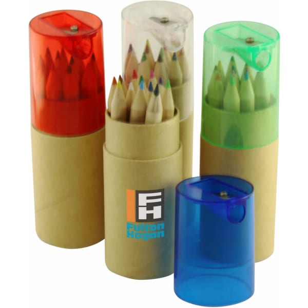 A set of coloured pencils in transparent tubes, featuring red, green, blue, and clear caps, with a branded central tube.