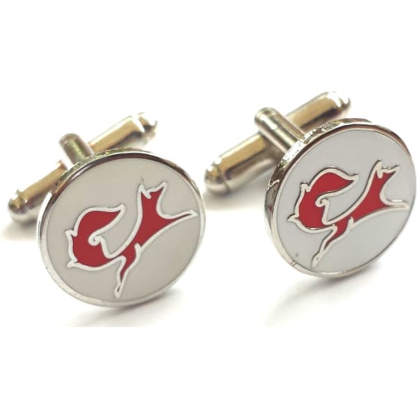 Silver cufflinks featuring a white background with a red design and a small logo.