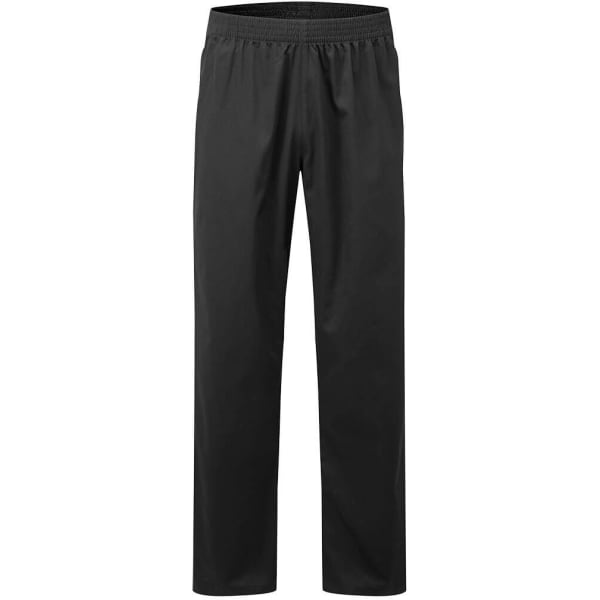 Black pants designed without pockets, featuring an elastic waistband. The fabric appears smooth and lightweight.