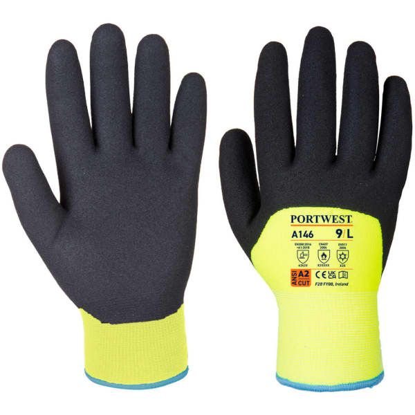 A pair of black and high-visibility yellow gloves with a fitted wrist and a logo. Suitable for cold weather.