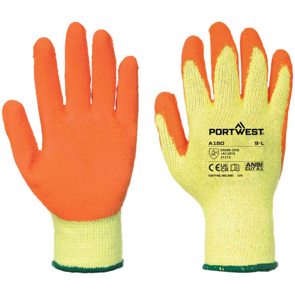 A pair of gloves with orange fingertips and a yellow base, featuring a green wrist cuff and a logo on the palm.