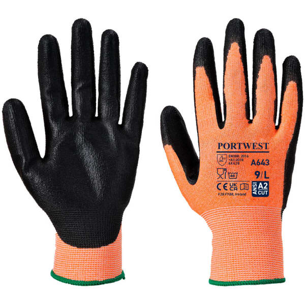 A pair of safety gloves featuring a textured black nitrile foam palm and an orange fabric backing, with a green wrist cuff.