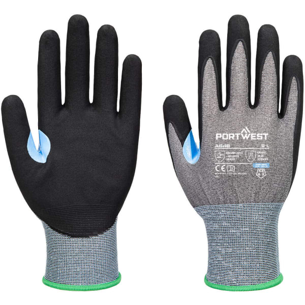Black and grey nitrile gloves featuring a textured grip and a blue accent, with a logo on the wrist area.
