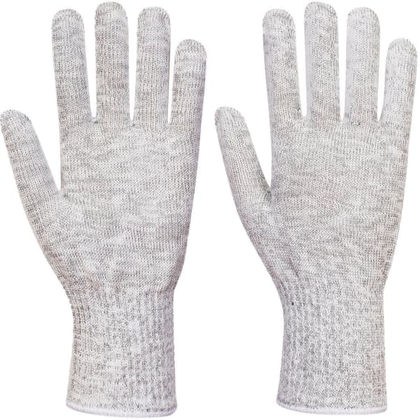 A pair of grey food glove liners with a textured surface, designed to fit both hands.