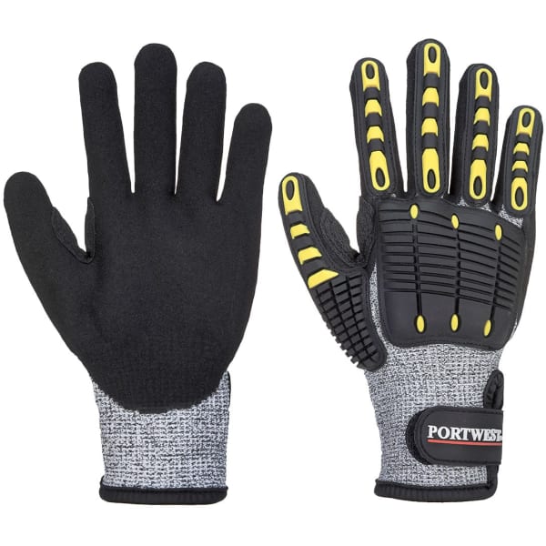 Cut-resistant gloves featuring a grey and black design with yellow accents and textured grip areas. Includes branding.