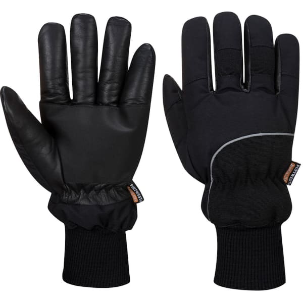 A pair of black gloves featuring a smooth exterior and elasticised cuffs for secure fit. Includes a brand logo.