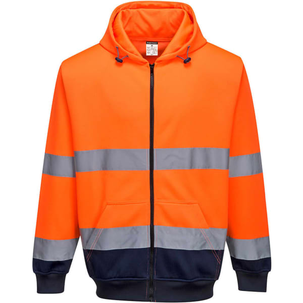 A high-visibility orange and navy zip-front hoodie featuring reflective stripes and a hood, with a logo on it.