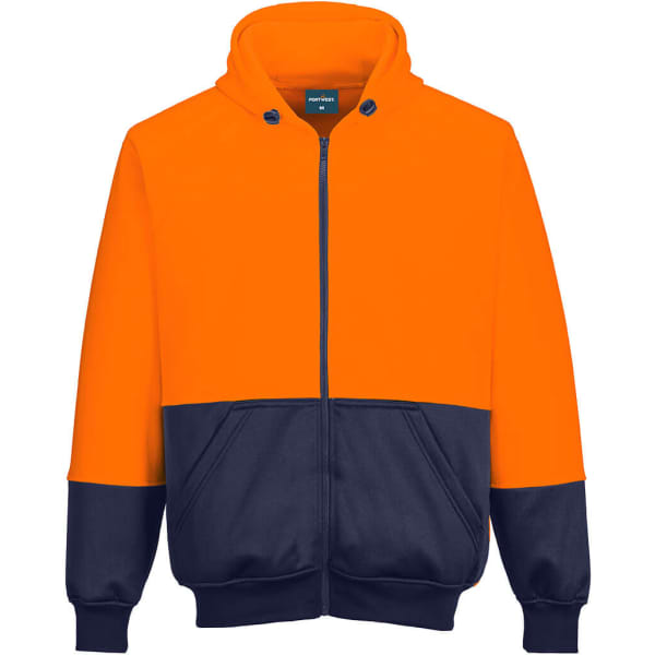 A two-tone zip hoodie featuring an orange upper and navy blue lower, with a logo present on the garment.