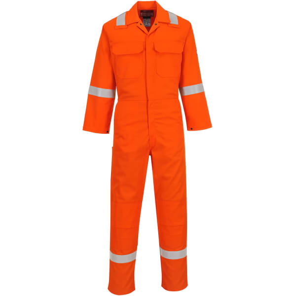 An orange coverall with reflective strips, featuring multiple pockets and long sleeves, designed for work uniform use.