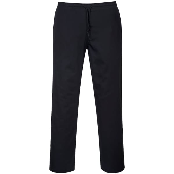 Black drawstring chef trousers with a relaxed fit and an integrated waistband. Features a simple design.